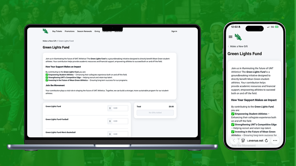 Donation pages on UNT's ticketing website are modern and mobile friendly. 