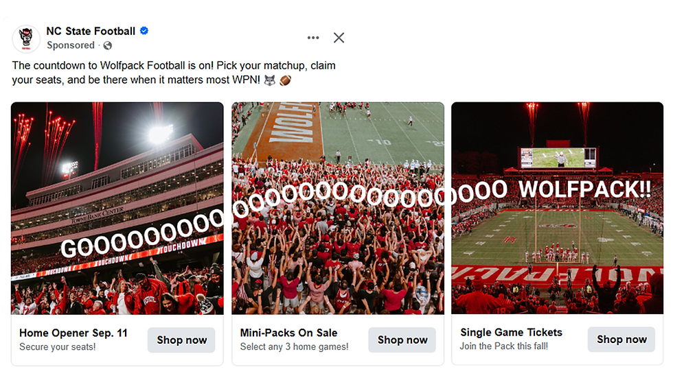 A play of the GOOOOOOOOAL trend from NC State with their Go Wolfpack carousel ad.