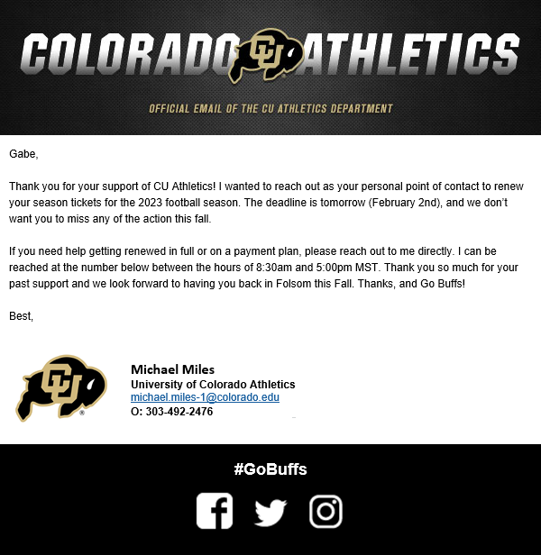 An example CU email asking season ticket holders to renew
