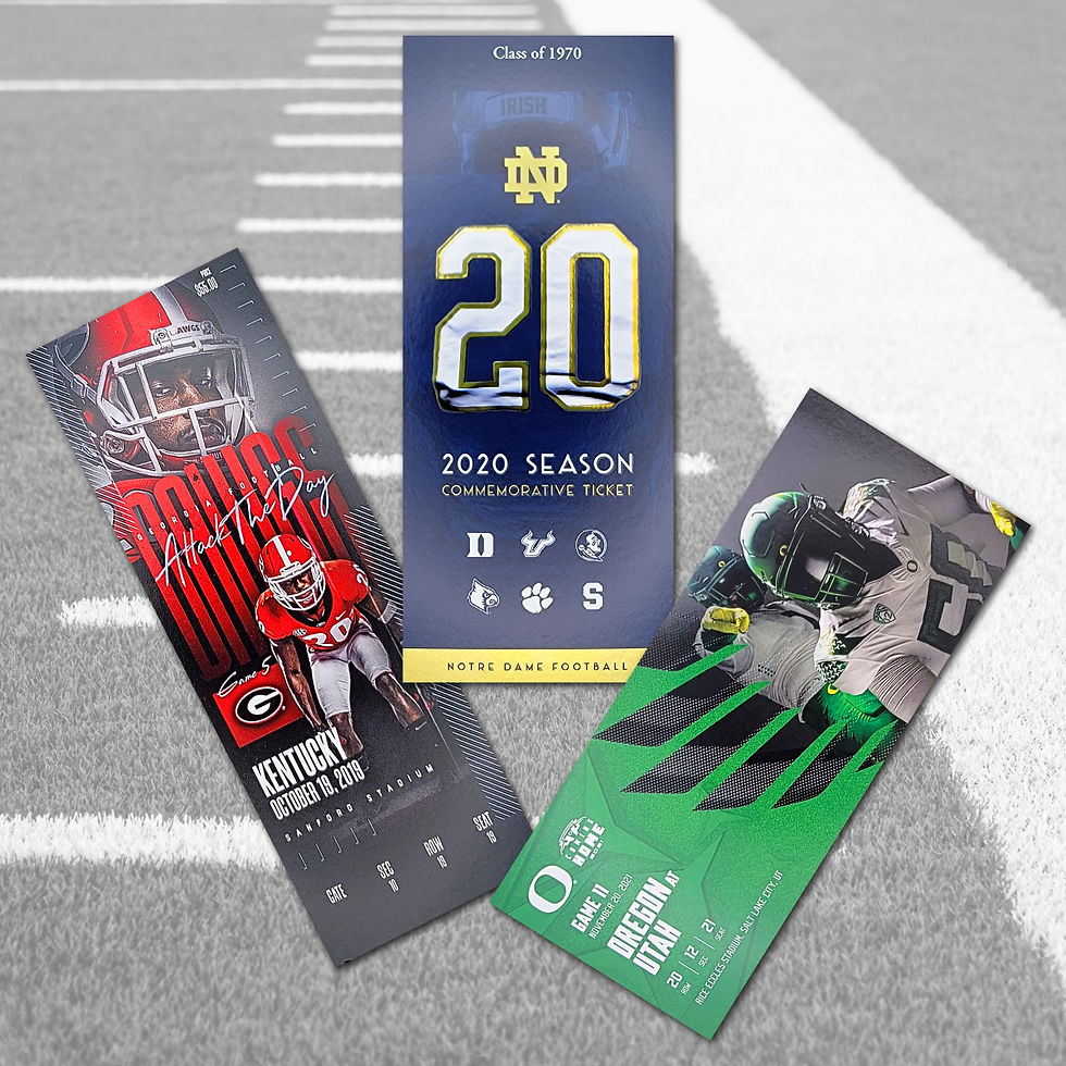 An image of three tickets, Notre Dame, Georgia and Oregon
