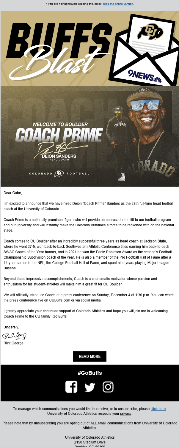An example CU email highlighting the arrival of Coach Prime