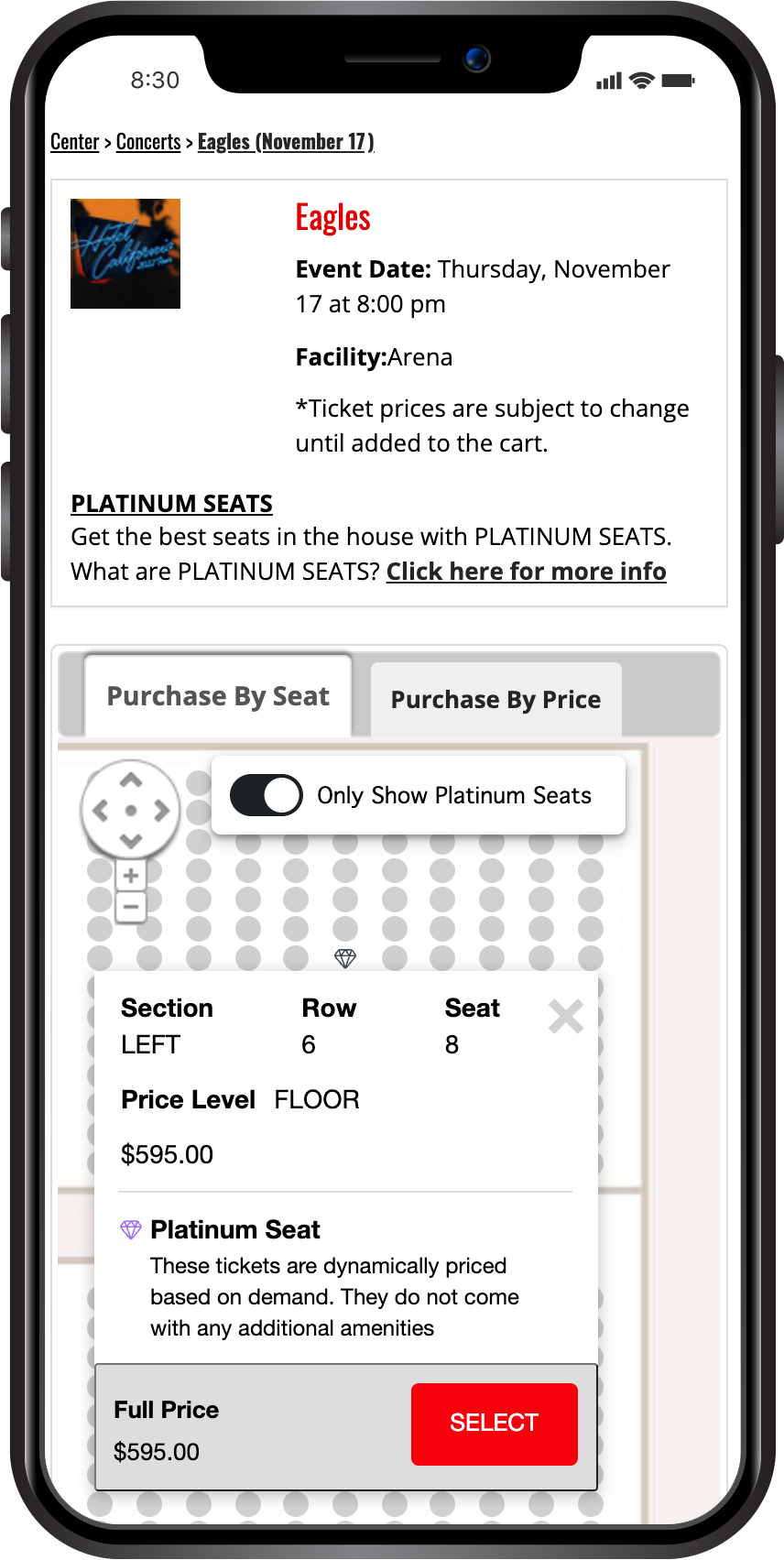 Pick Your Seat Map on Mobile Phone