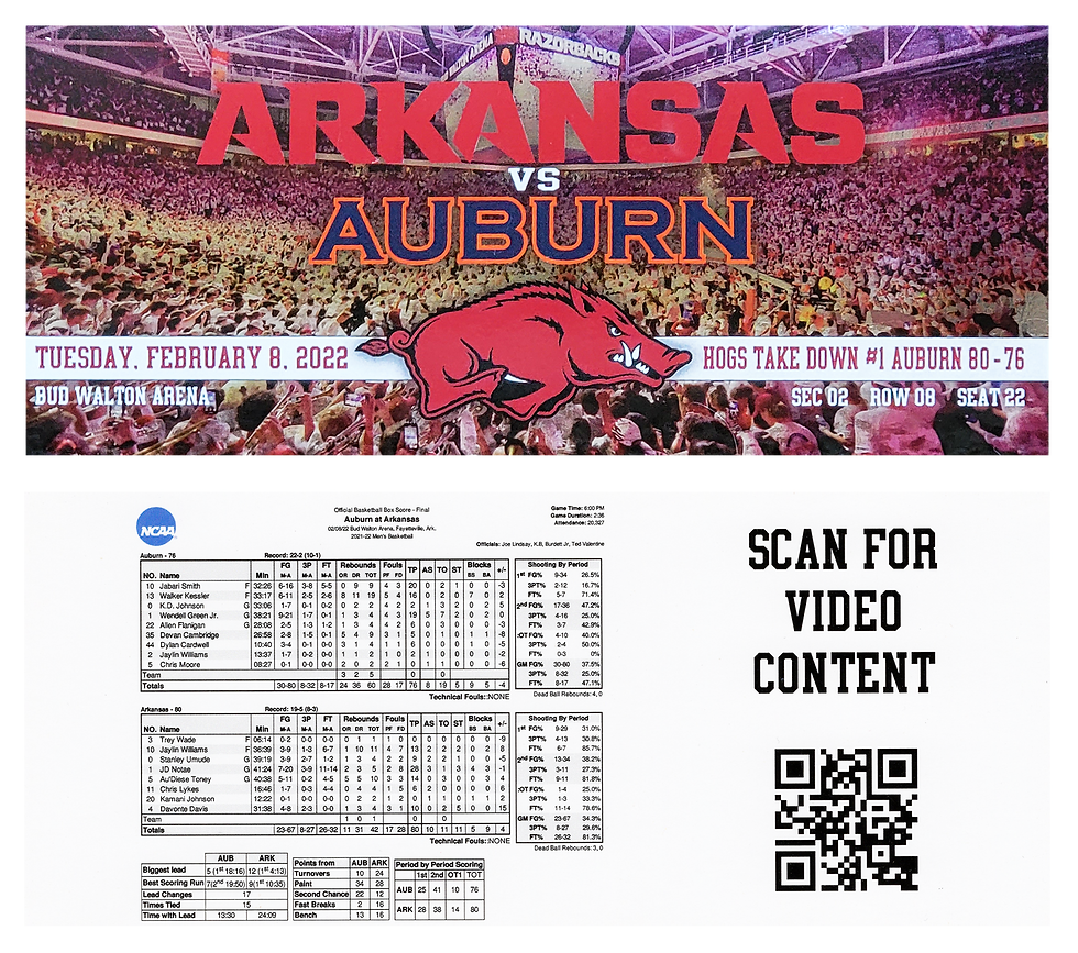 An image of the Arkansas vs Auburn basketball game with an option to scan a QR code for video content