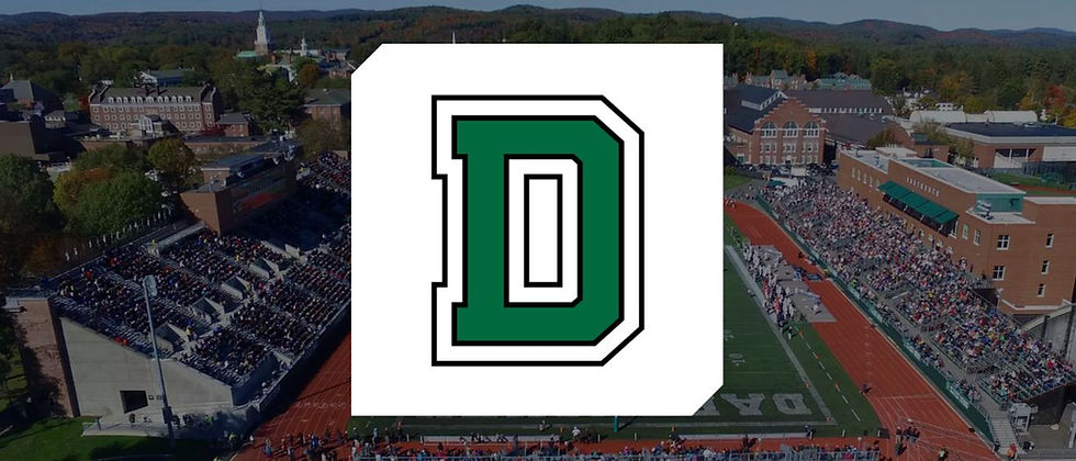 The Dartmouth logo overlaid on an image of the football stadium during a game seen from above.
