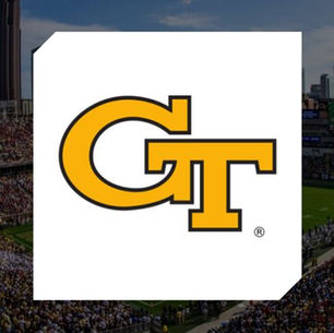 Georgia Tech logo overlaid on a photo of the football stadium with a full crowd on game day.