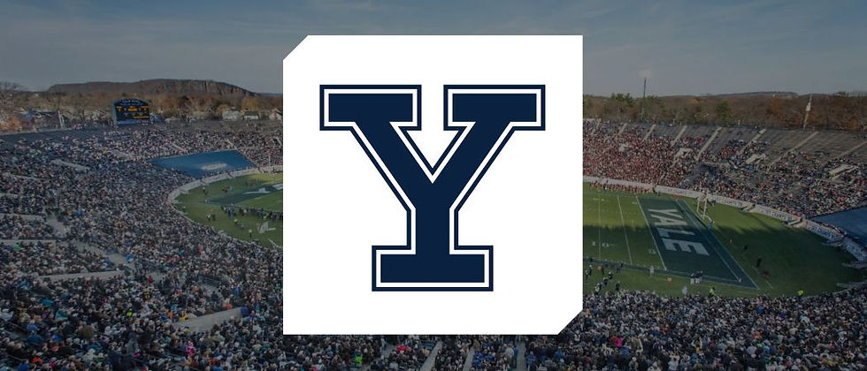 The Yale athletics logo overlaid on an image of the Yale football stadium during a game.