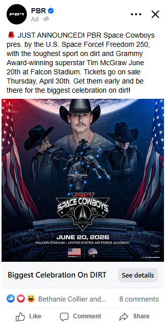 PBR ad on Meta platform showing an image of Tim McGraw in the middle and Space Cowboys logo and June 20, 2026