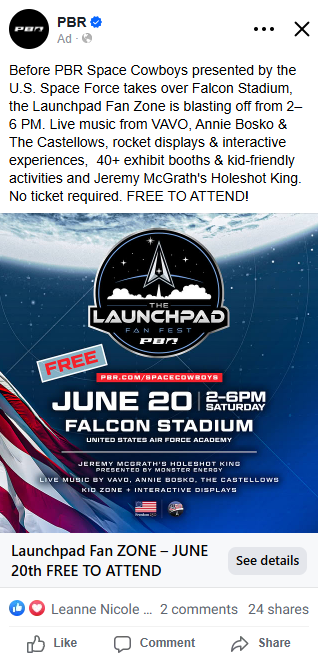 PBR ad for Launchpad Fan Fest at Falcon Stadium: June 20, 2–6 PM, free to attend, with music, exhibits, and kid activities.