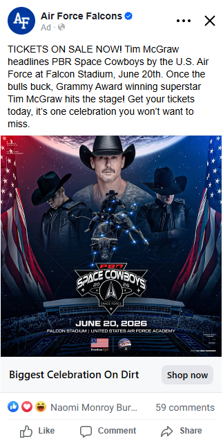 From: Air Force Falcons, an ad on Meta platform showing an image of Tim McGraw in the middle and Space Cowboys logo and June 20, 2026