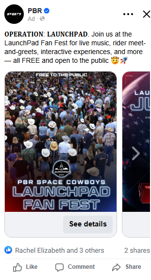 PBR ad on social media promoting Operation: Launchpad, showing a crowd at Launchpad Fan Fest with See details button.